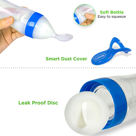 LuvLap Feeding Spoon with Squeezy food Grade Silicone Feeder bottle, 90ml, Blue
